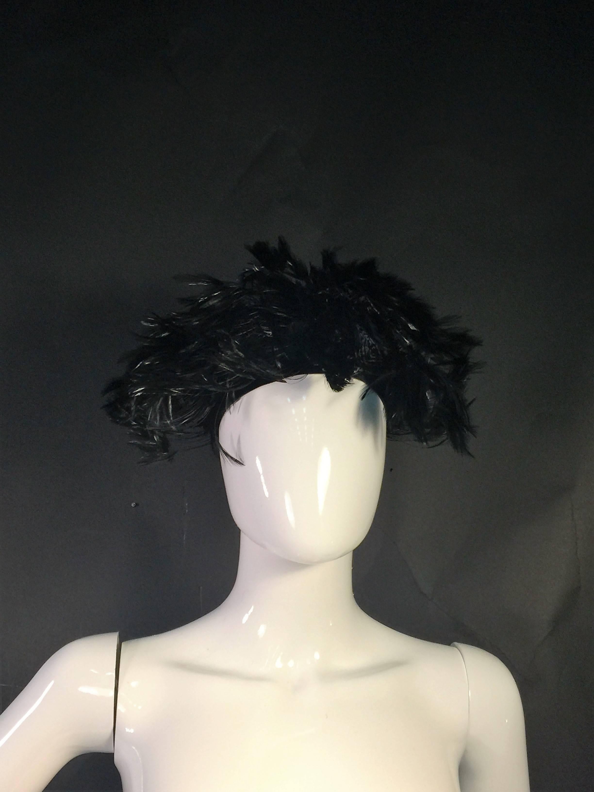 Sexy Black Velvet Applique on Stiff Net Form Hat with Exotic Black Feathers Designed by Christian Dior.