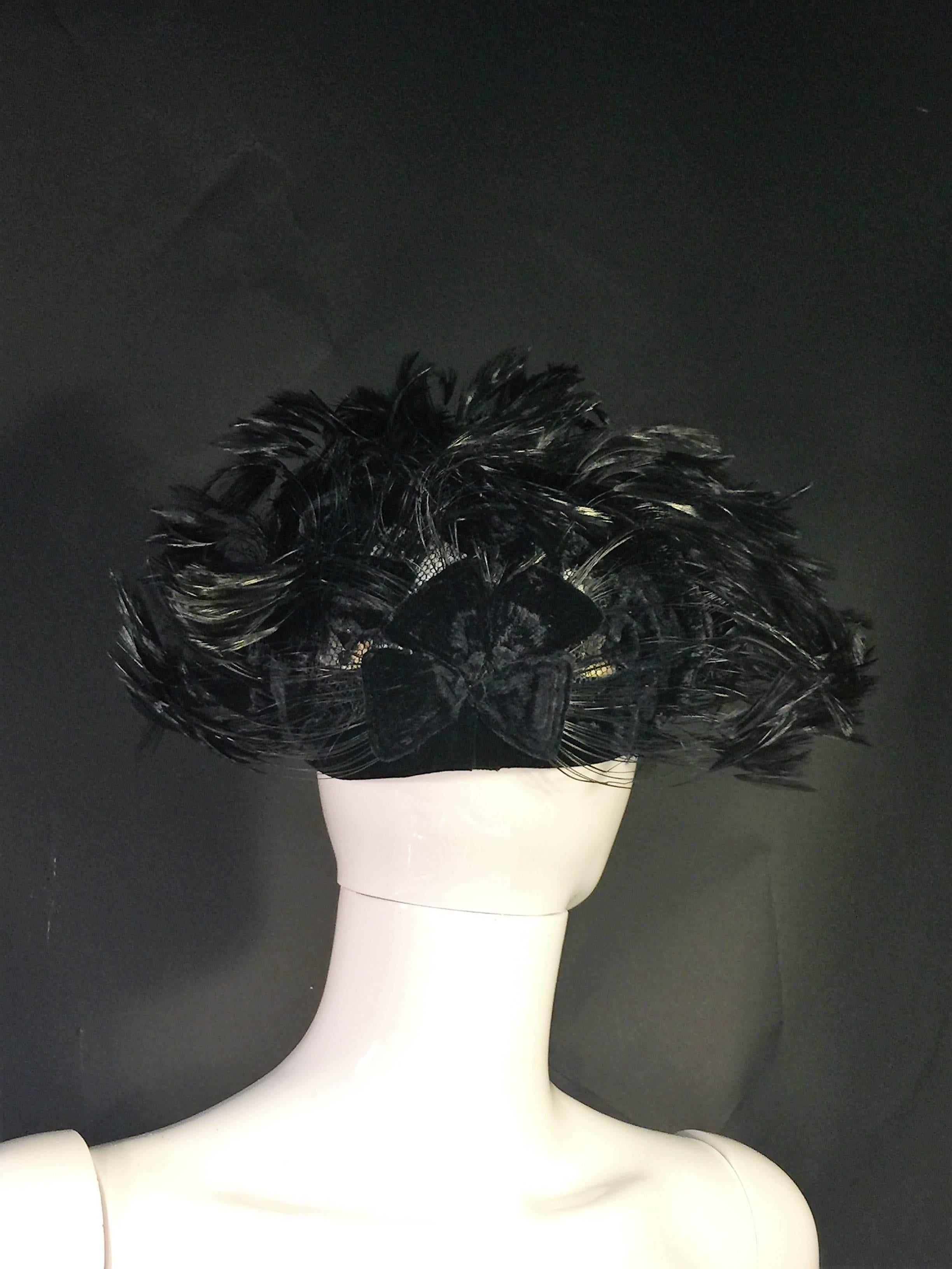 Women's  1960's Beautiful Black Feather & Velvet Christian Dior Hat