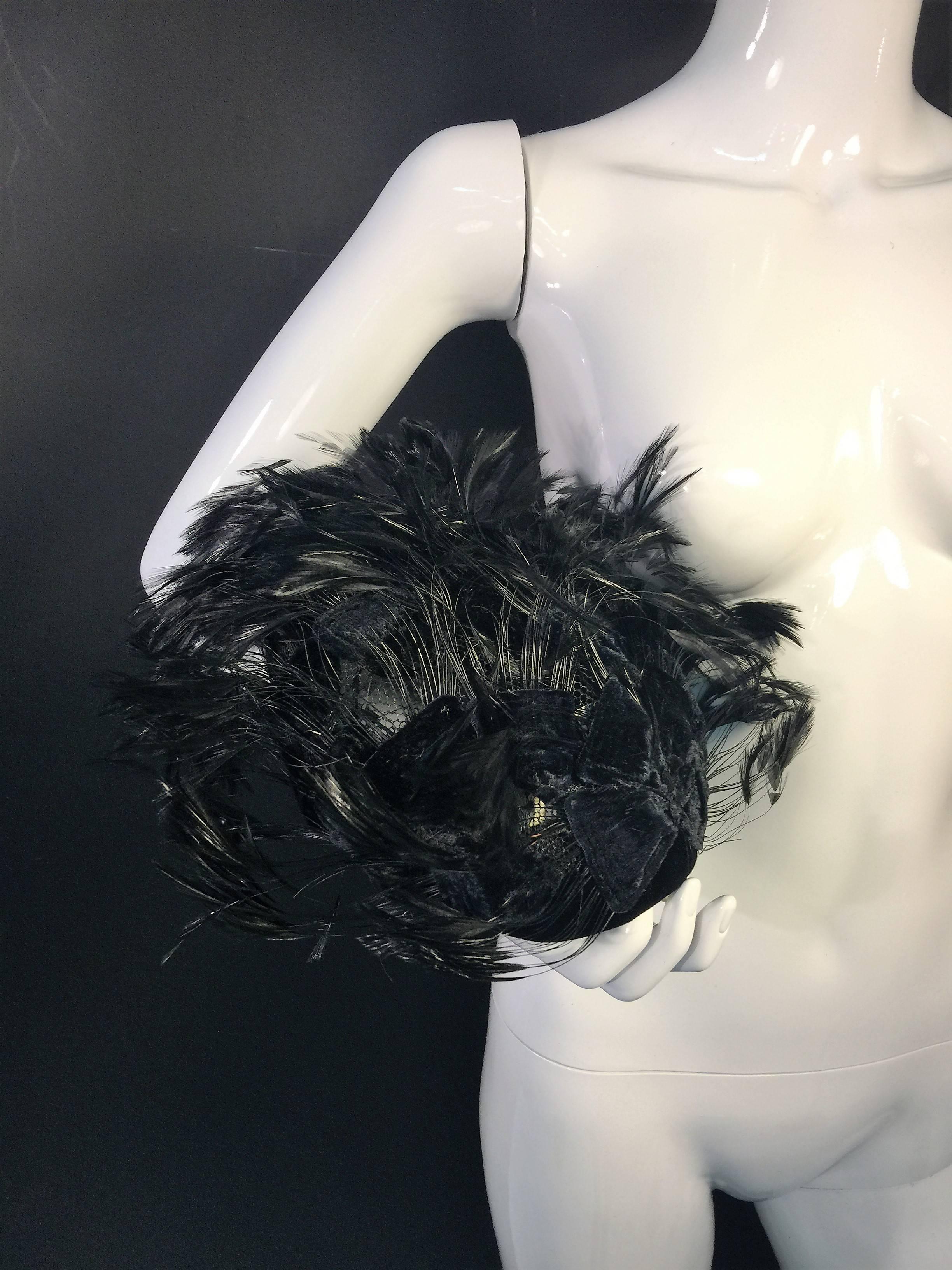  1960's Beautiful Black Feather & Velvet Christian Dior Hat 1