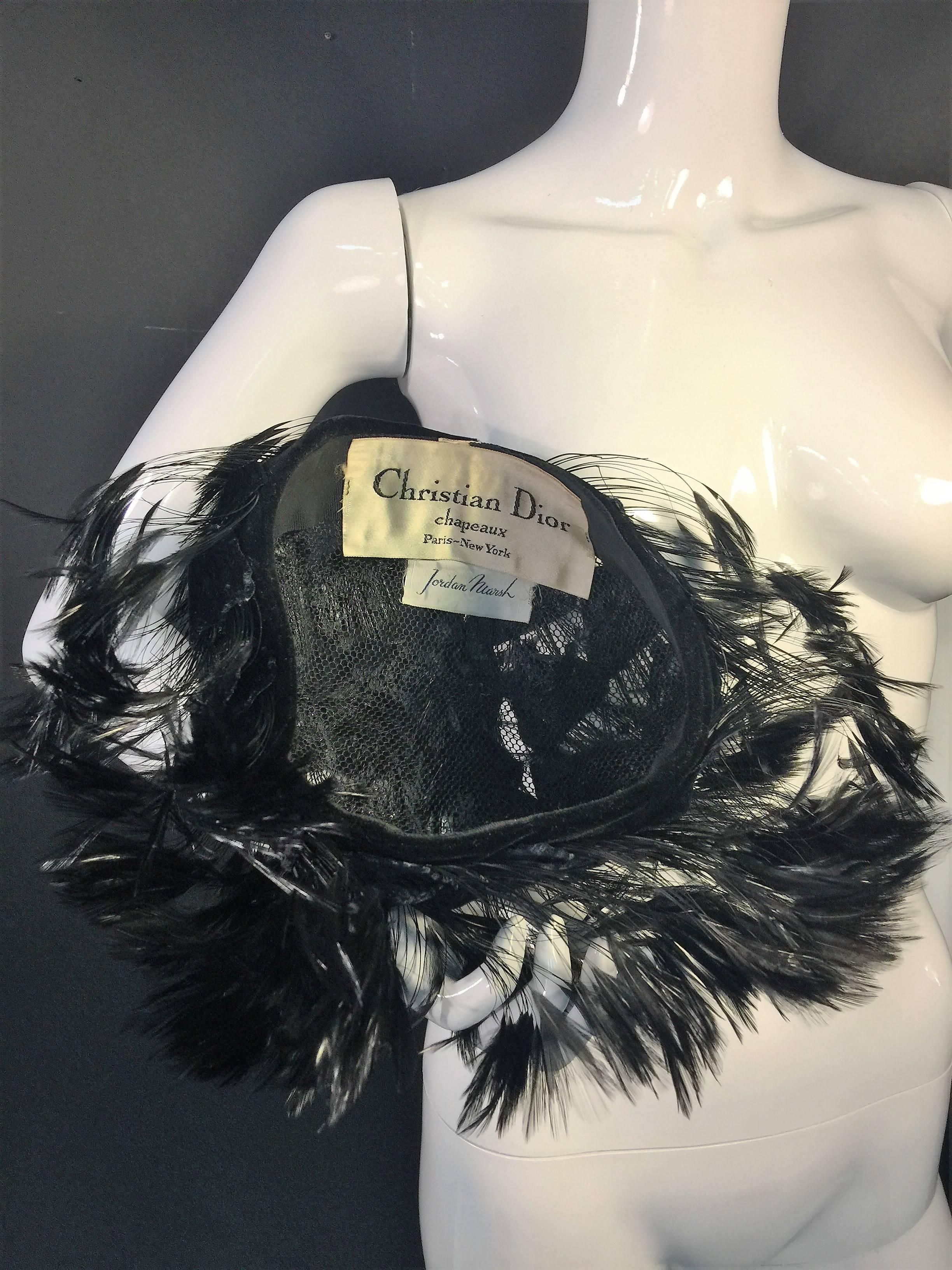  1960's Beautiful Black Feather & Velvet Christian Dior Hat 2