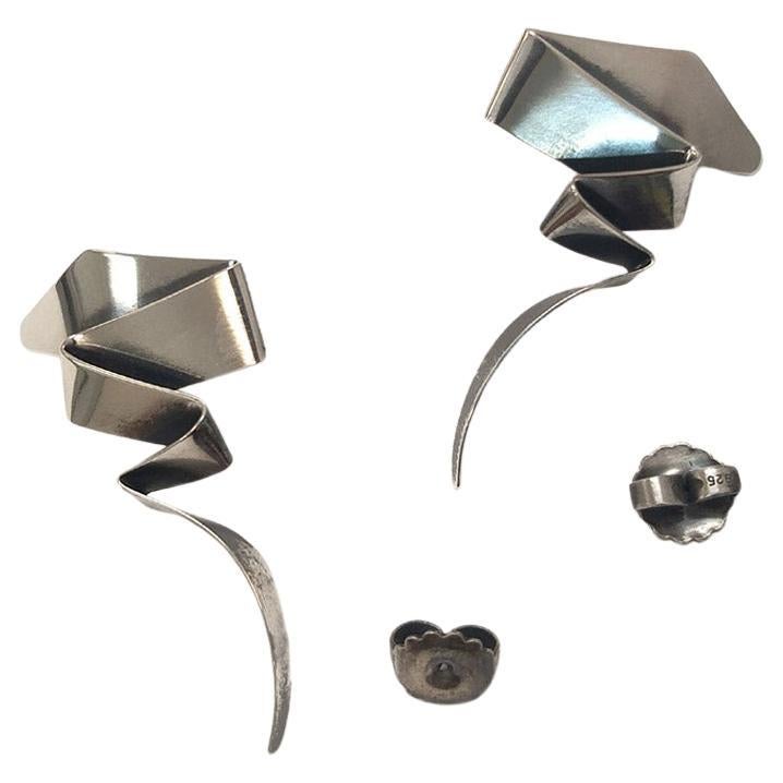 Modernist Silver Squiggles, Gerhard Herbst Studio Silver Earrings, Midcentury Style  For Sale