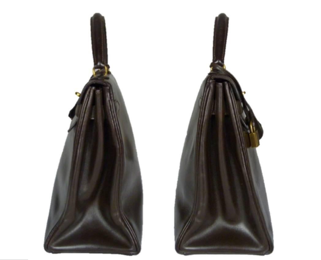 Black Hermès Kelly Brown Box Leather Bag 32cm 