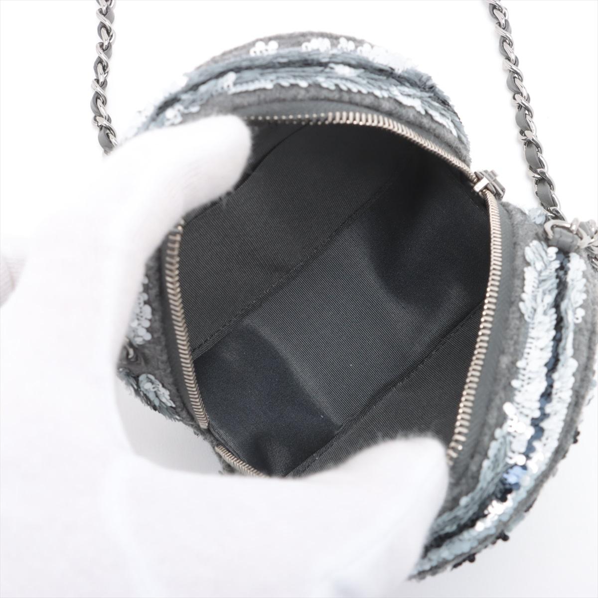 Chanel CC Logo Paillettes x Chaîne en laine Sac à bandoulière rond Gris * PRÉCOURS * en vente 4