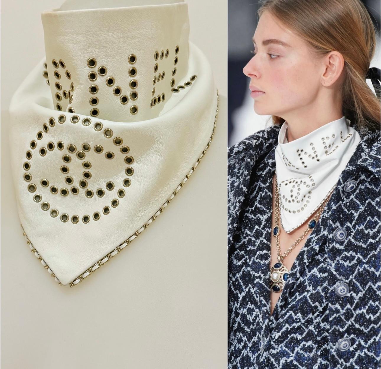 Last runway by Karl Lagerfeld Herbst Winter 2019 selten Bandana Lammfell Leder Halstuch, verstellbar 2 Clip auf, Stempel 