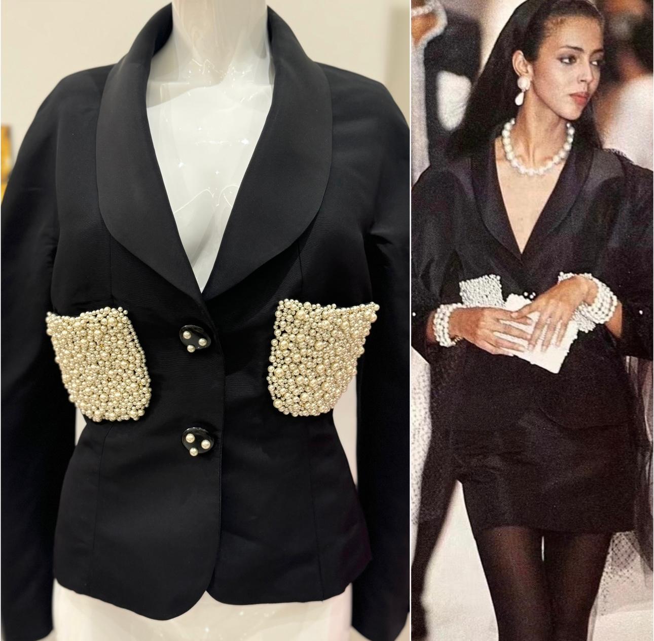 Nero Rara giacca Chanel P/E 1990 in seta nera con ricami di perle in vendita