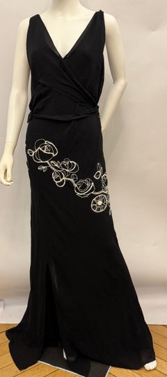 Rare John Galliano F/W 2005 Black Silk Chiffon Evening Gown Floral Embroidered