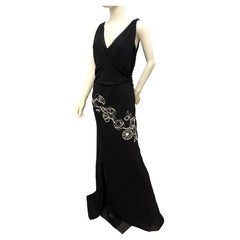 Rare John Galliano F/W 2005 Black Silk Chiffon Evening Gown Floral Embroidered