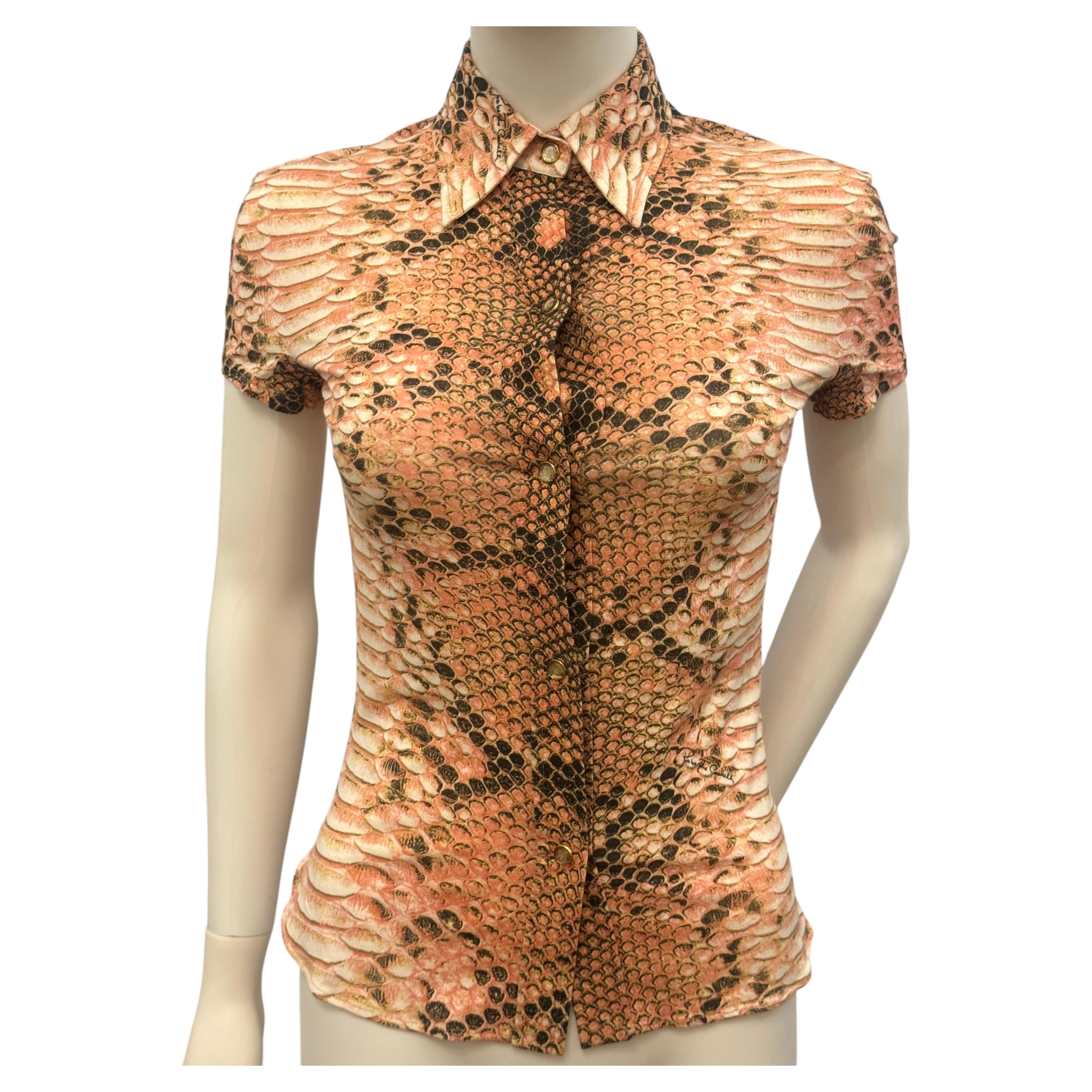 Rare Roberto Cavalli S/S 2003 Pink python print stretch shirt iconic Y2K