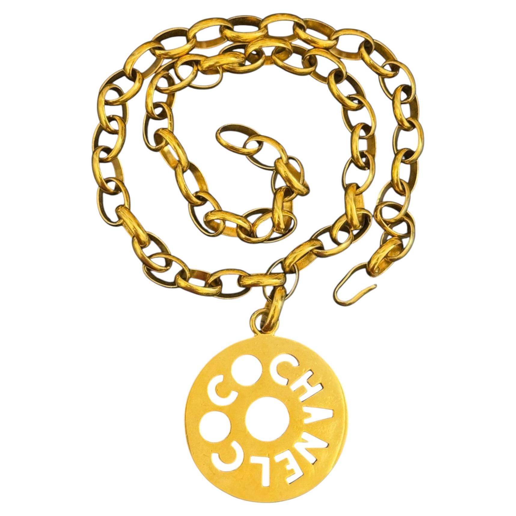 Rare Chanel 1988 24k Gold Plated Logo Medallion Necklace Sautoir Belt For Sale