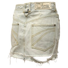 Dior by John Galliano S/S 2004 Distressed Denim Mini Skirt with Dior plaque