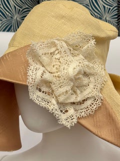 Rare John Galliano S/S 2005 Gazette Straw Effect Wide Brim Lace Flower Hat