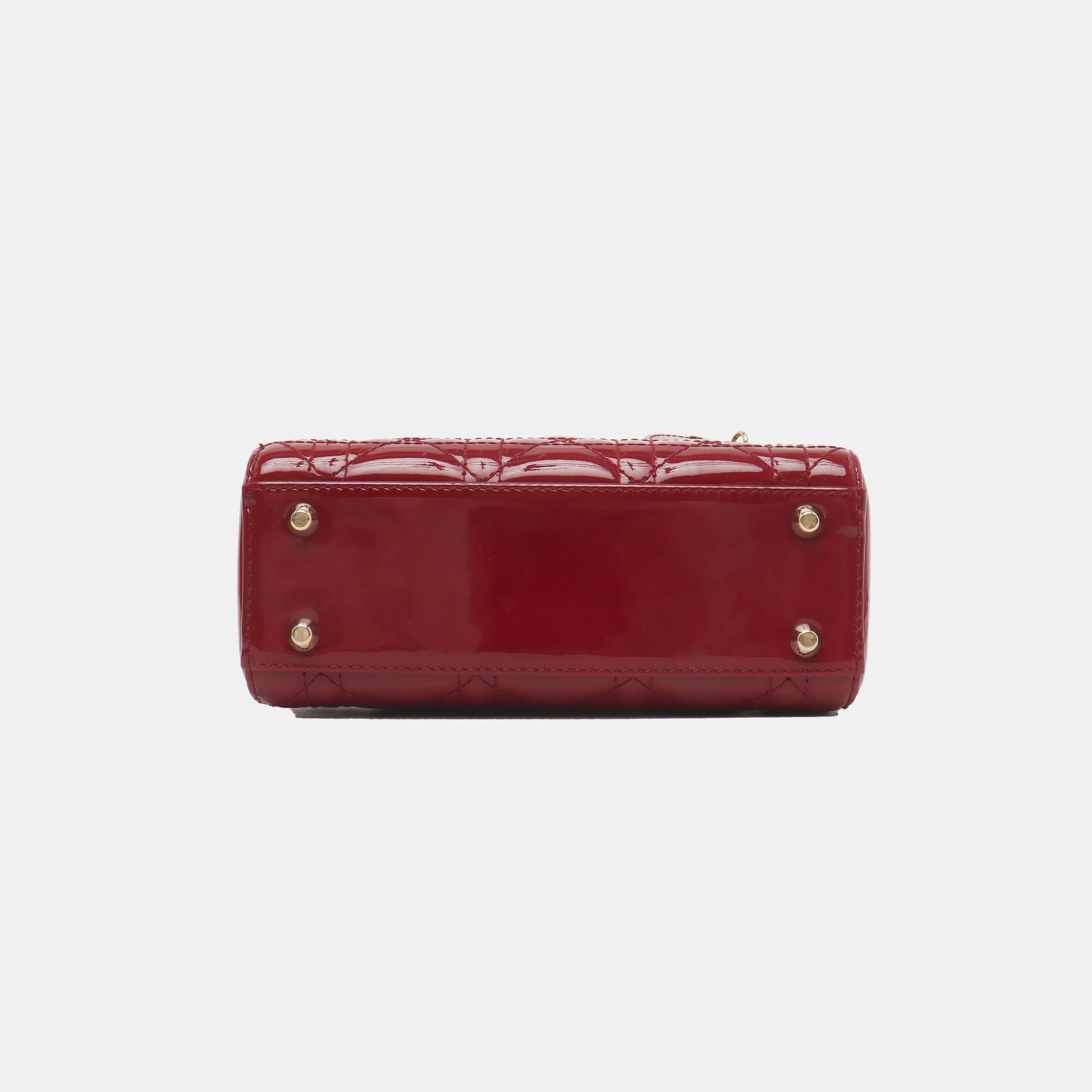 Women's Lady Dior Mini Handbag Burgundy Red Patent Leather Gold-tone Chain Strap