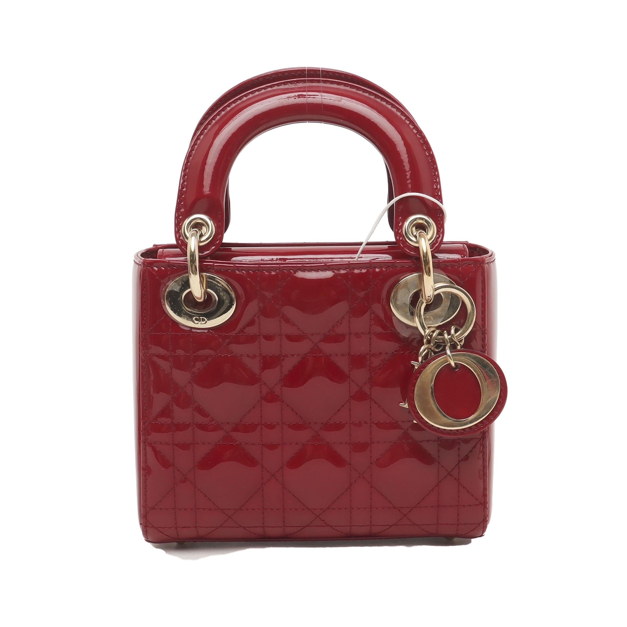 Lady Dior Mini Handbag Burgundy Red Patent Leather Gold-tone Chain Strap In Excellent Condition In AUBERVILLIERS, FR