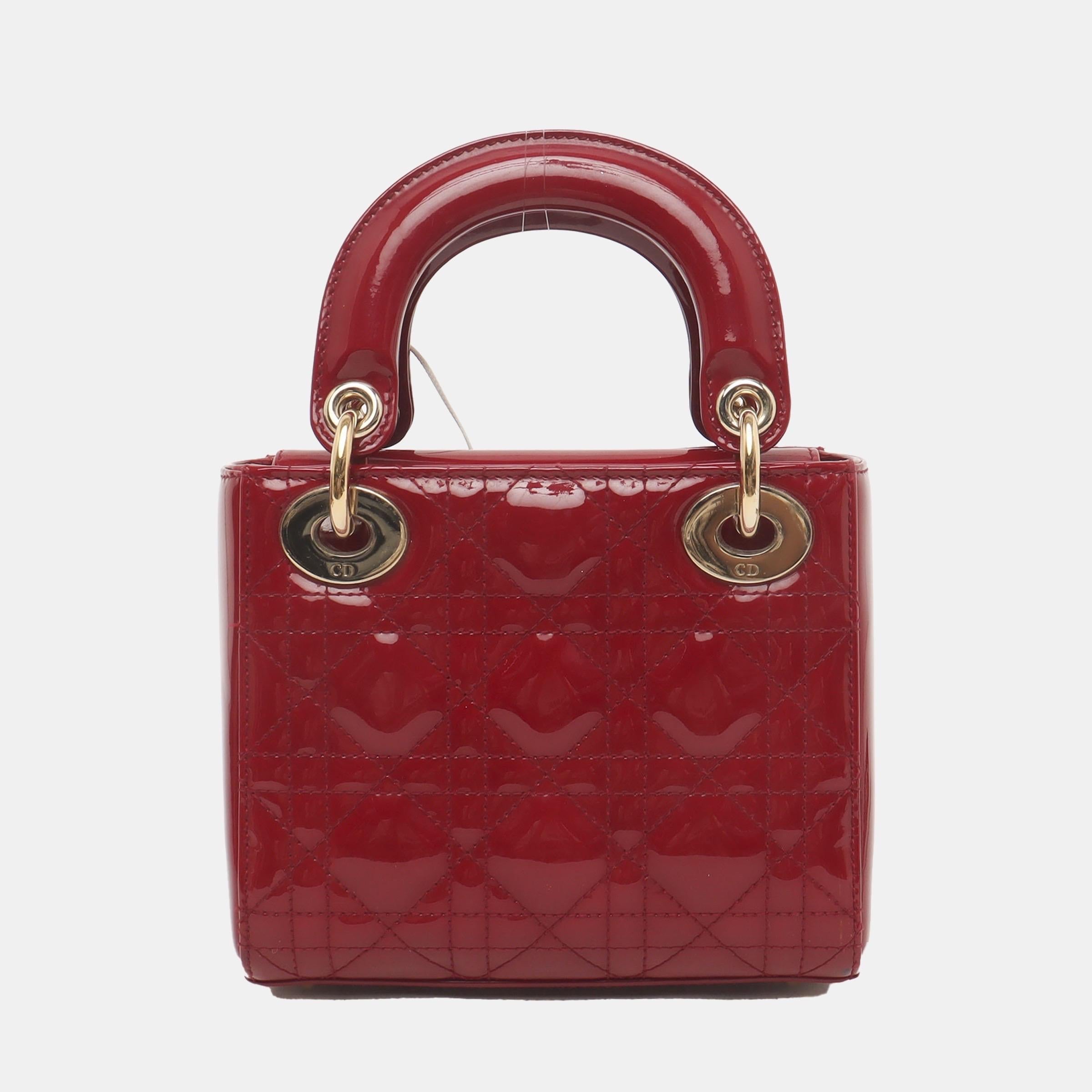 Lady Dior Mini Handbag Burgundy Red Patent Leather Gold-tone Chain Strap 1