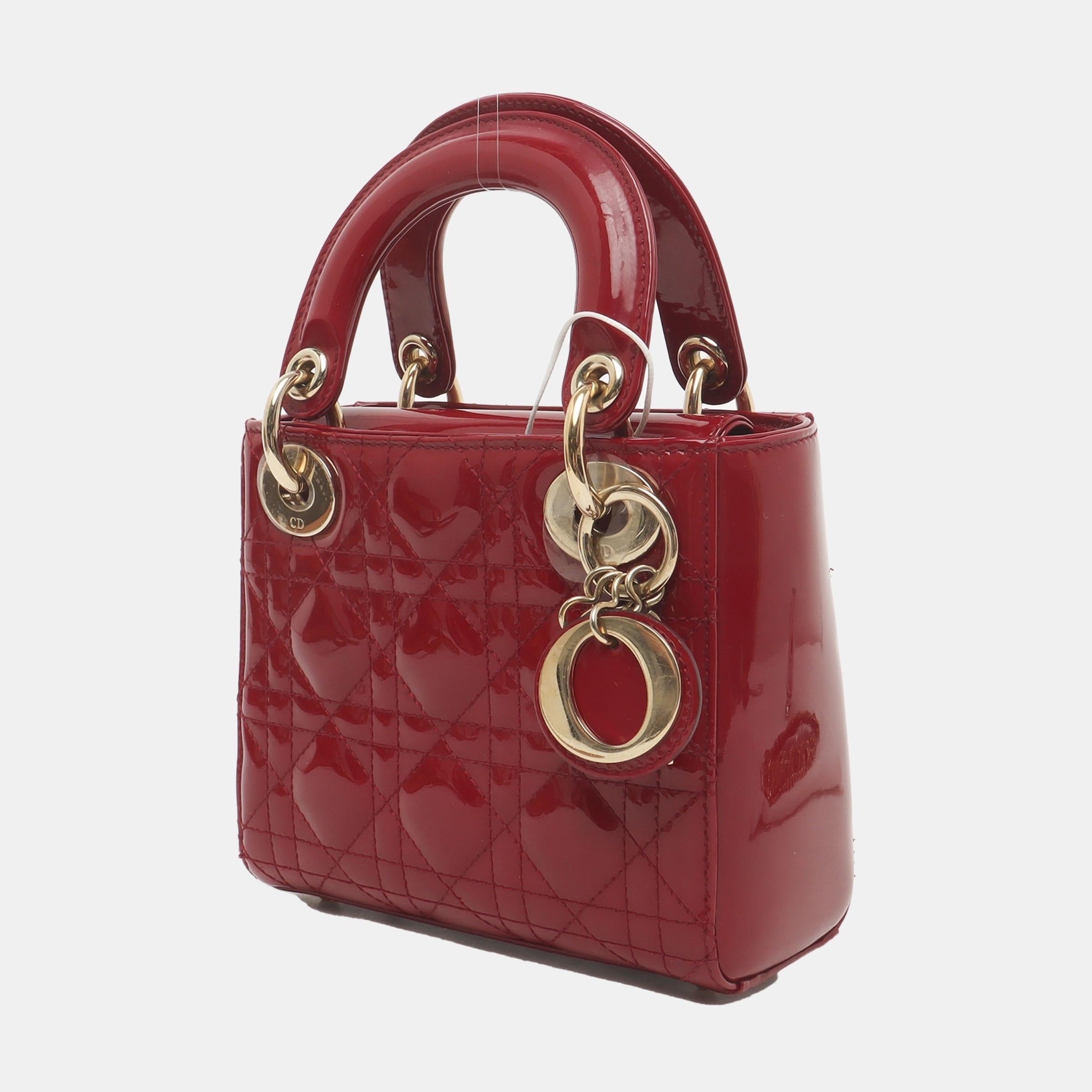 Lady Dior Mini Handbag Burgundy Red Patent Leather Gold-tone Chain Strap 2
