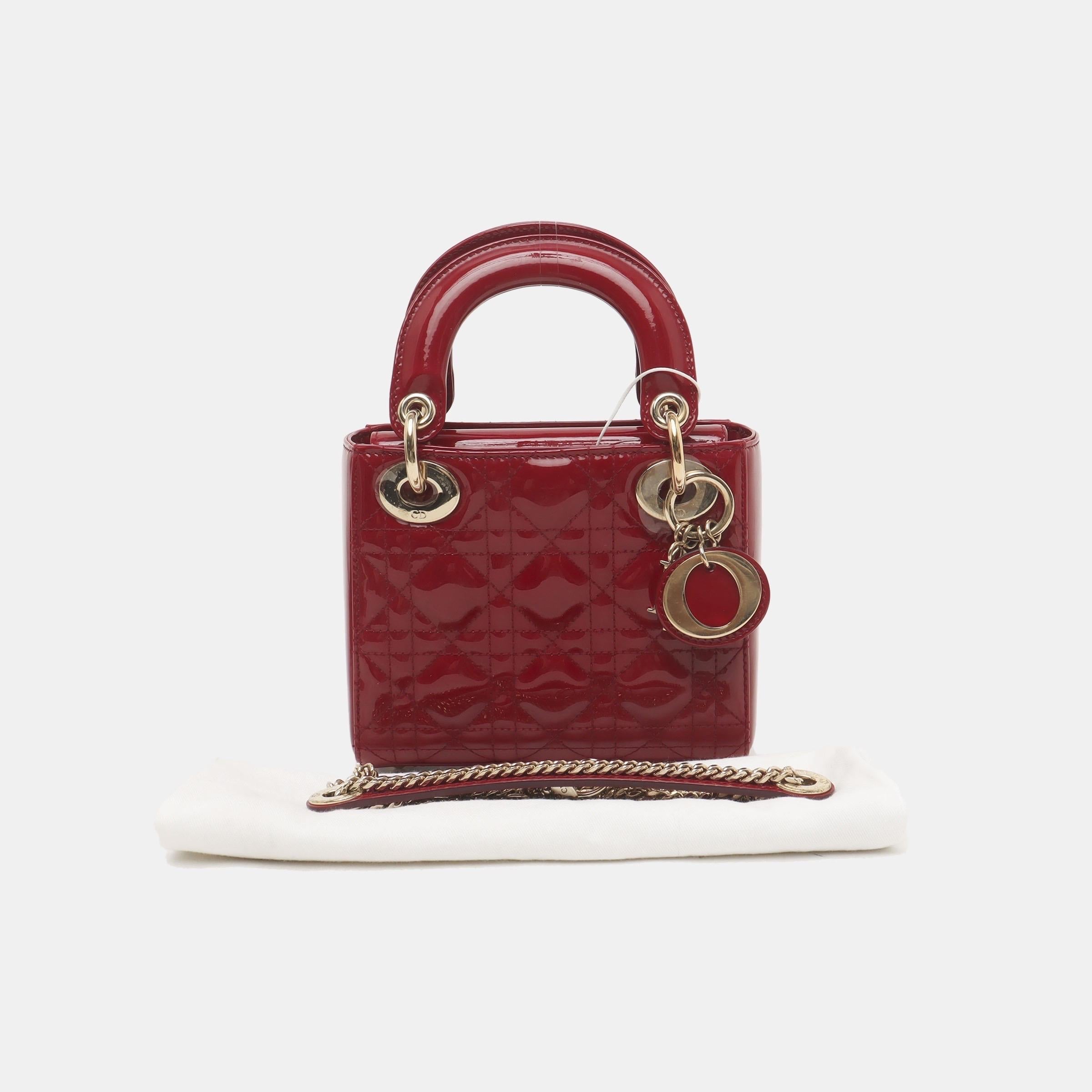 Lady Dior Mini Handbag Burgundy Red Patent Leather Gold-tone Chain Strap 6