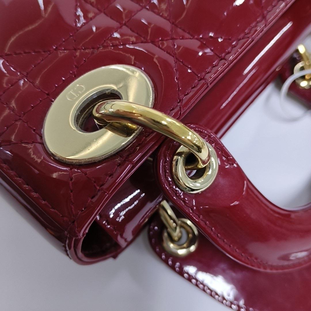 Lady Dior Mini Handbag Burgundy Red Patent Leather Gold-tone Chain Strap 7