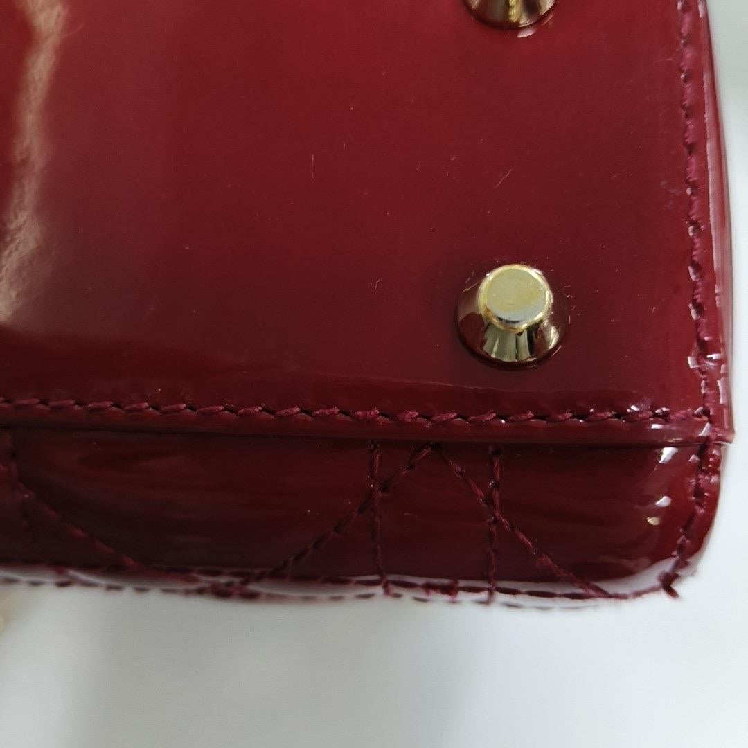 Lady Dior Mini Handbag Burgundy Red Patent Leather Gold-tone Chain Strap 10