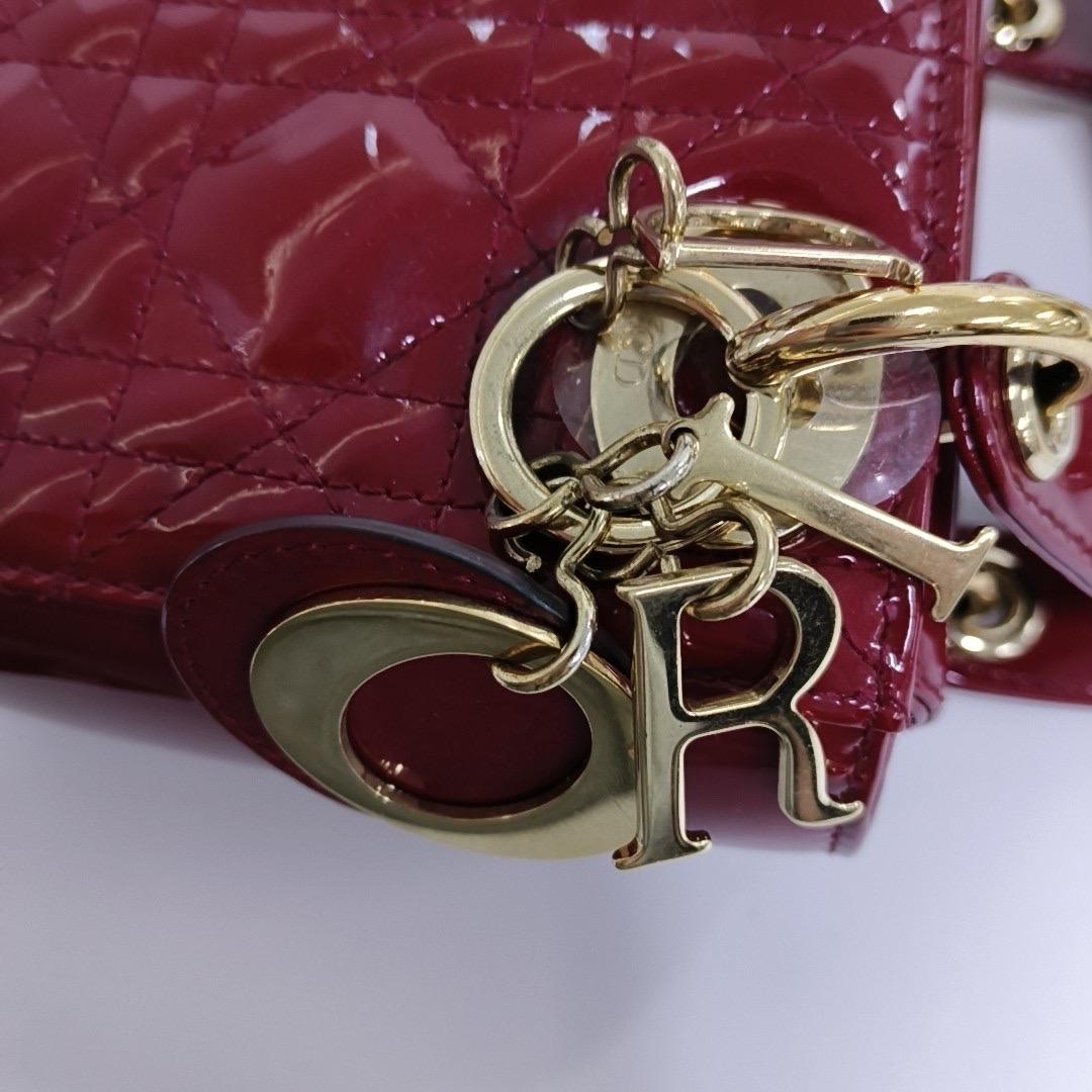 Lady Dior Mini Handbag Burgundy Red Patent Leather Gold-tone Chain Strap 12
