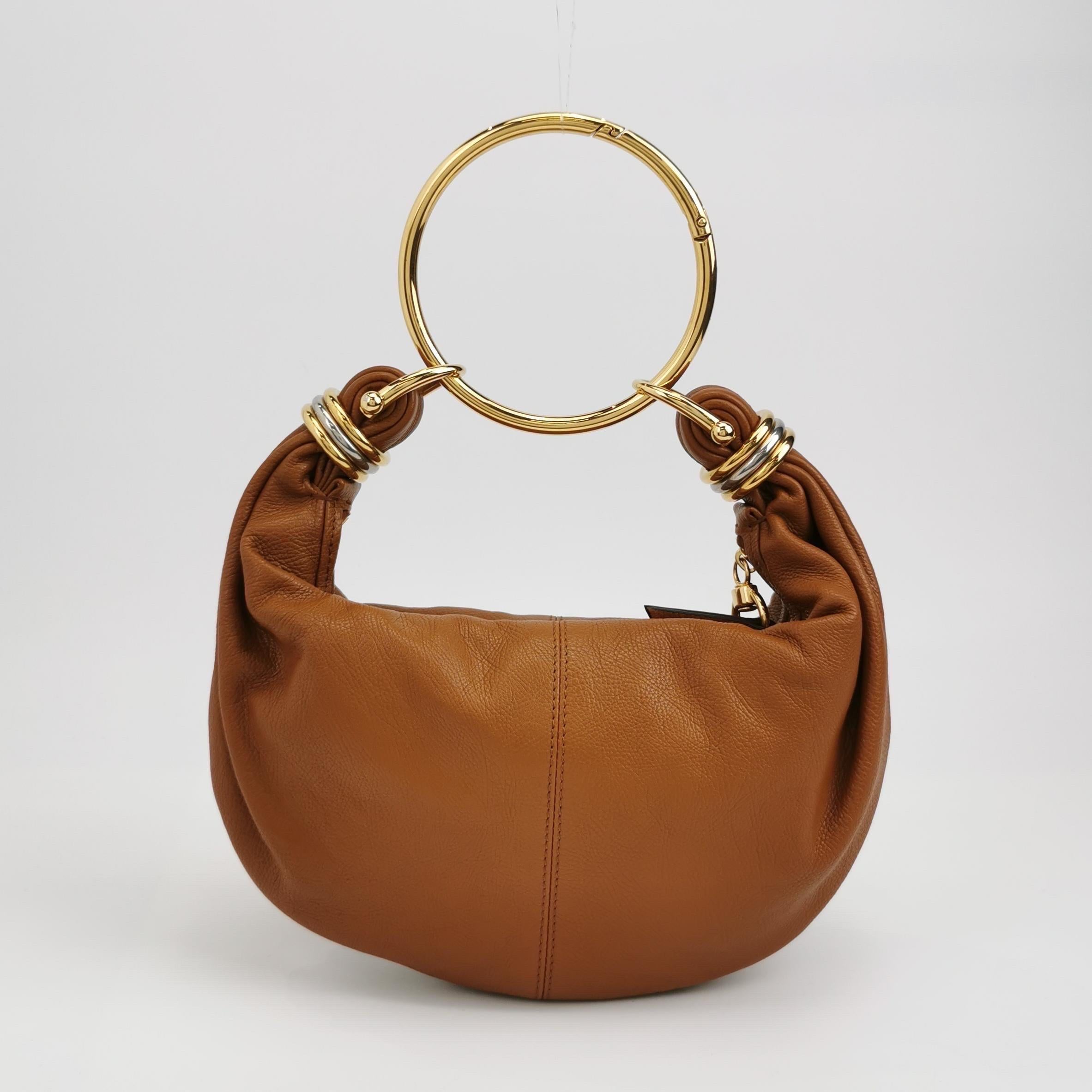 Women's CHLOÉ Bracelet Embellished Brown Glossed Textured-leather Shoulder Bag For Sale