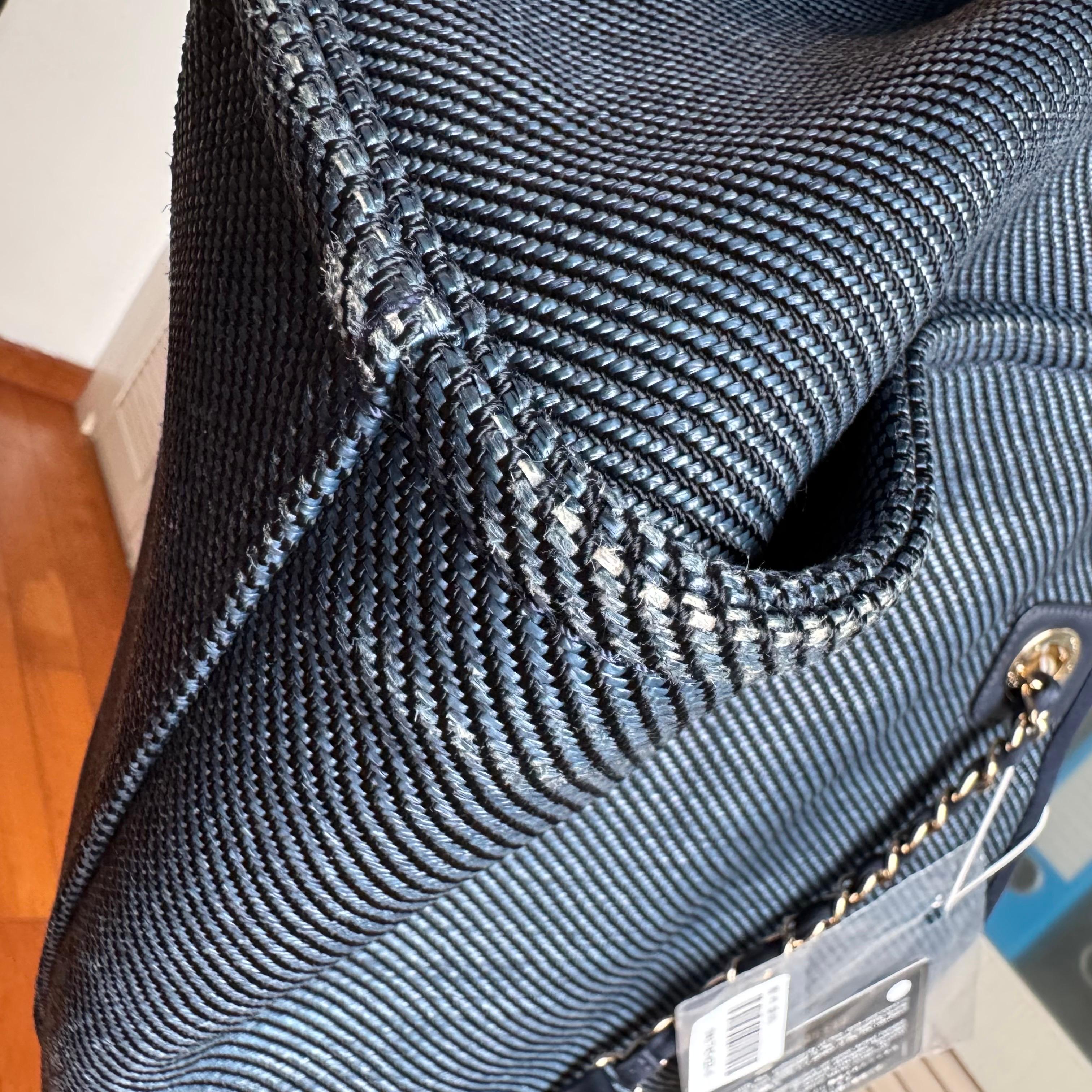 Chanel Deauville Tote Navy Denim Cloth Leather Chain Strap Small 34cm For Sale 9