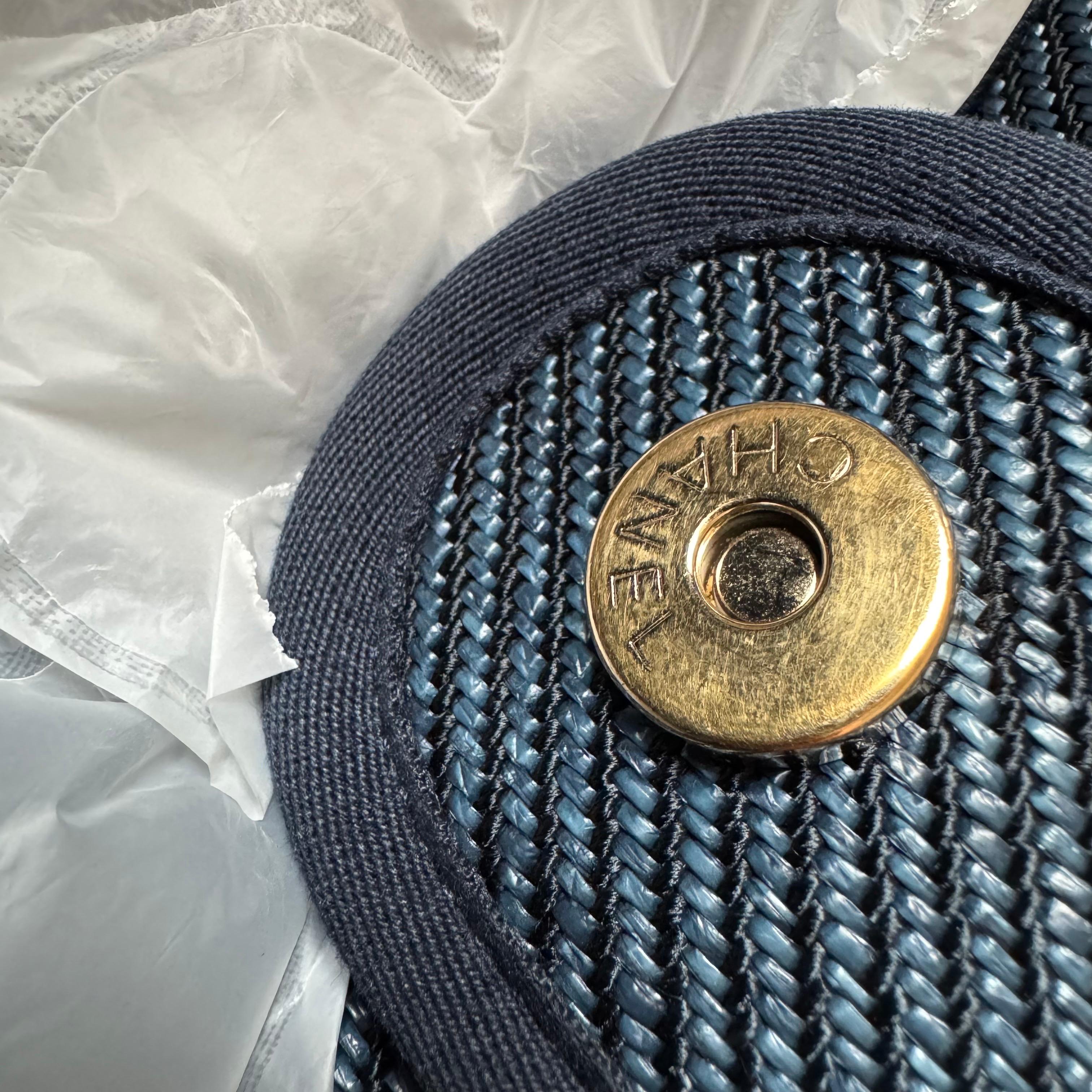 Chanel Deauville Tote Navy Denim Cloth Leather Chain Strap Small 34cm For Sale 12