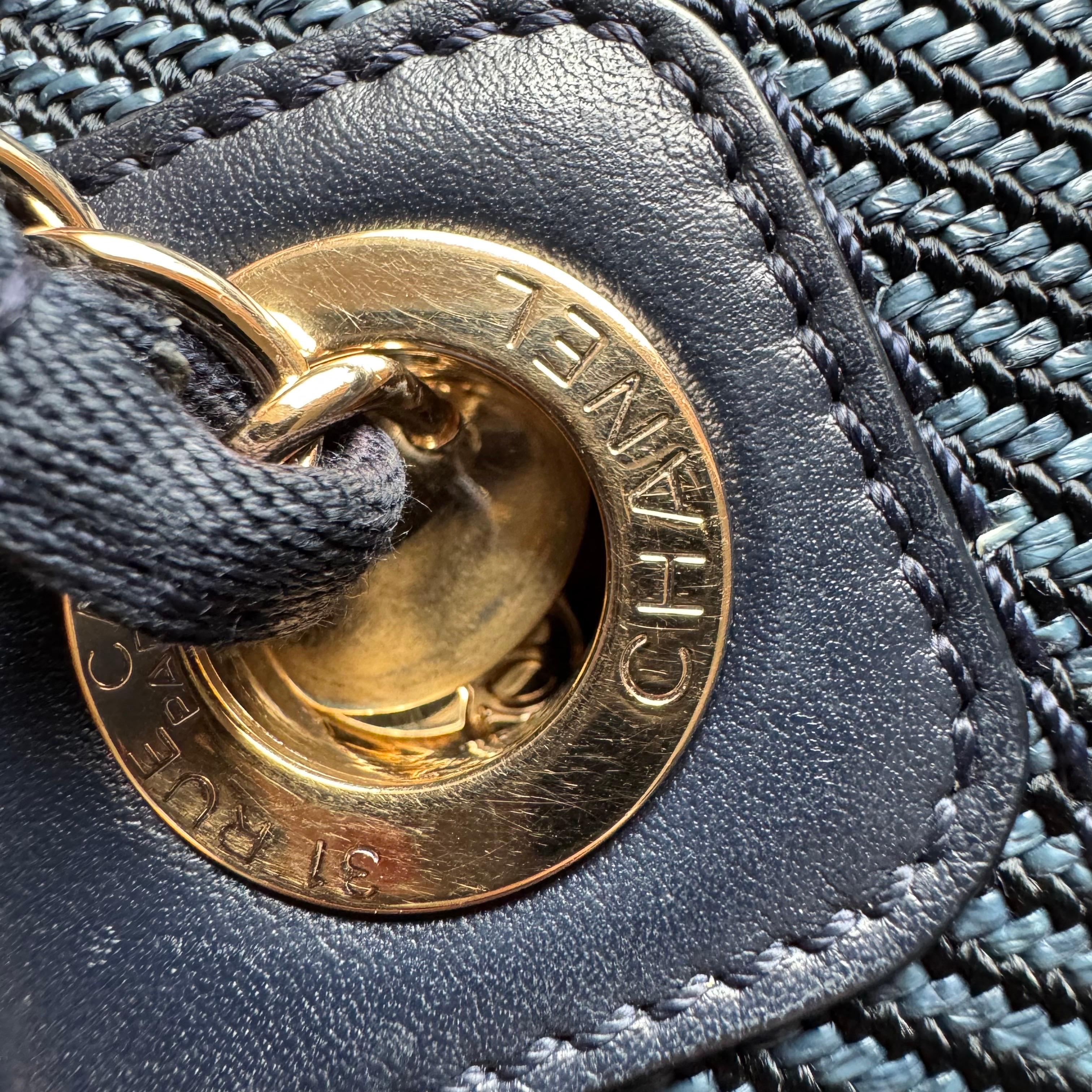 Chanel Deauville Tote Navy Denim Cloth Leather Chain Strap Small 34cm For Sale 15