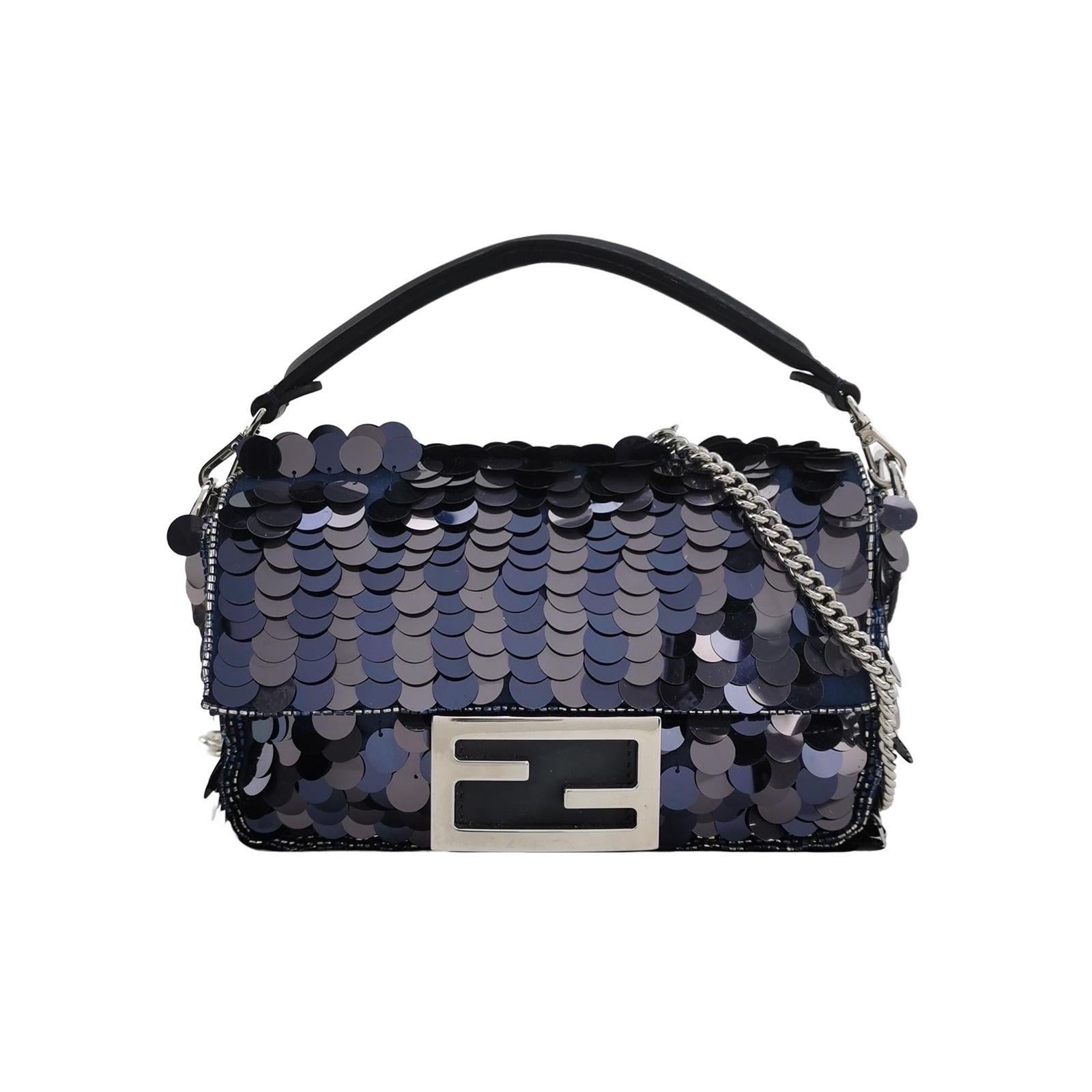 Fendi Baguette Mini Navy Sequins Chain Strap Crossbody Bag en vente