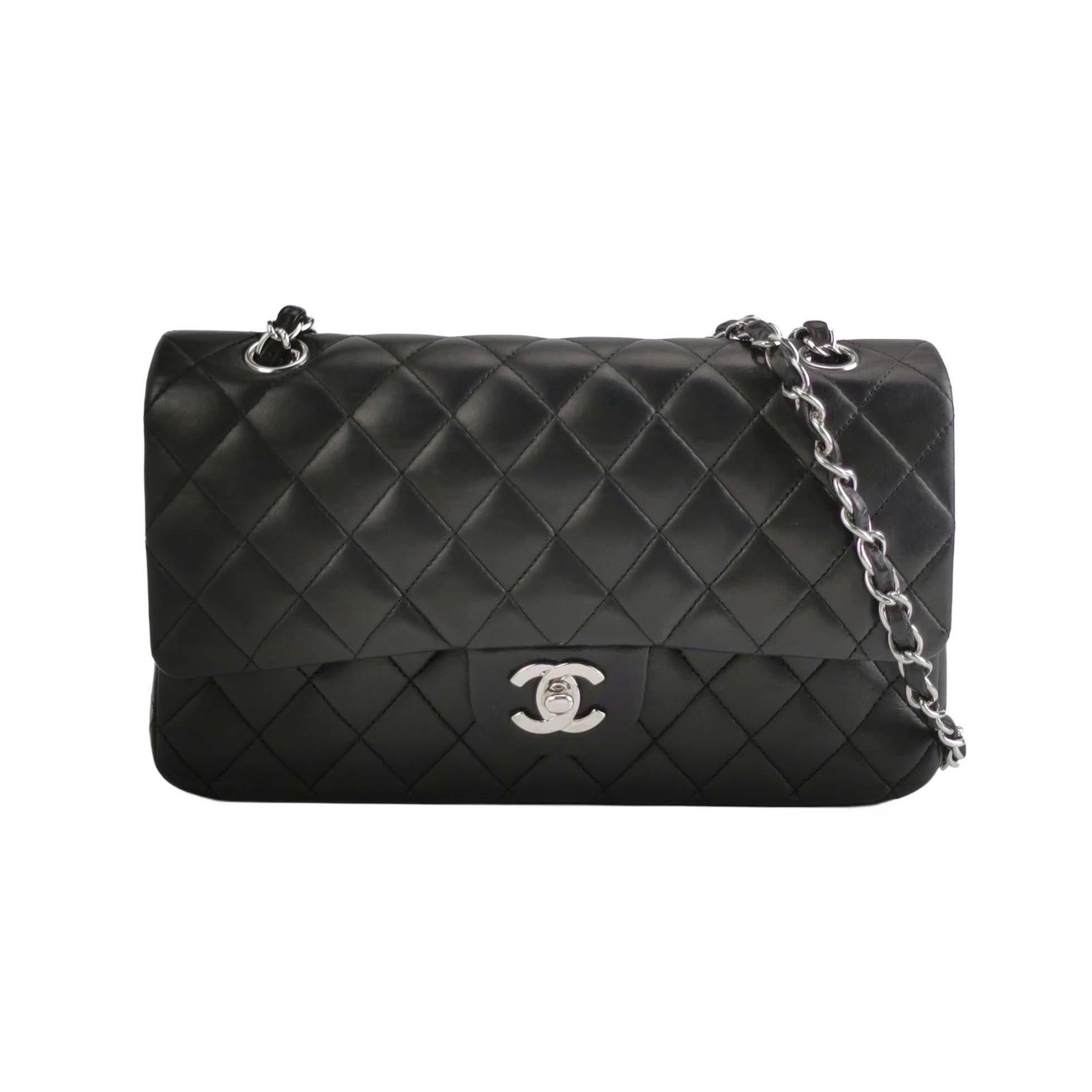 Chanel Timeless Classic Flap Medium Black Lambskin Leather Silver Hardware, 2012