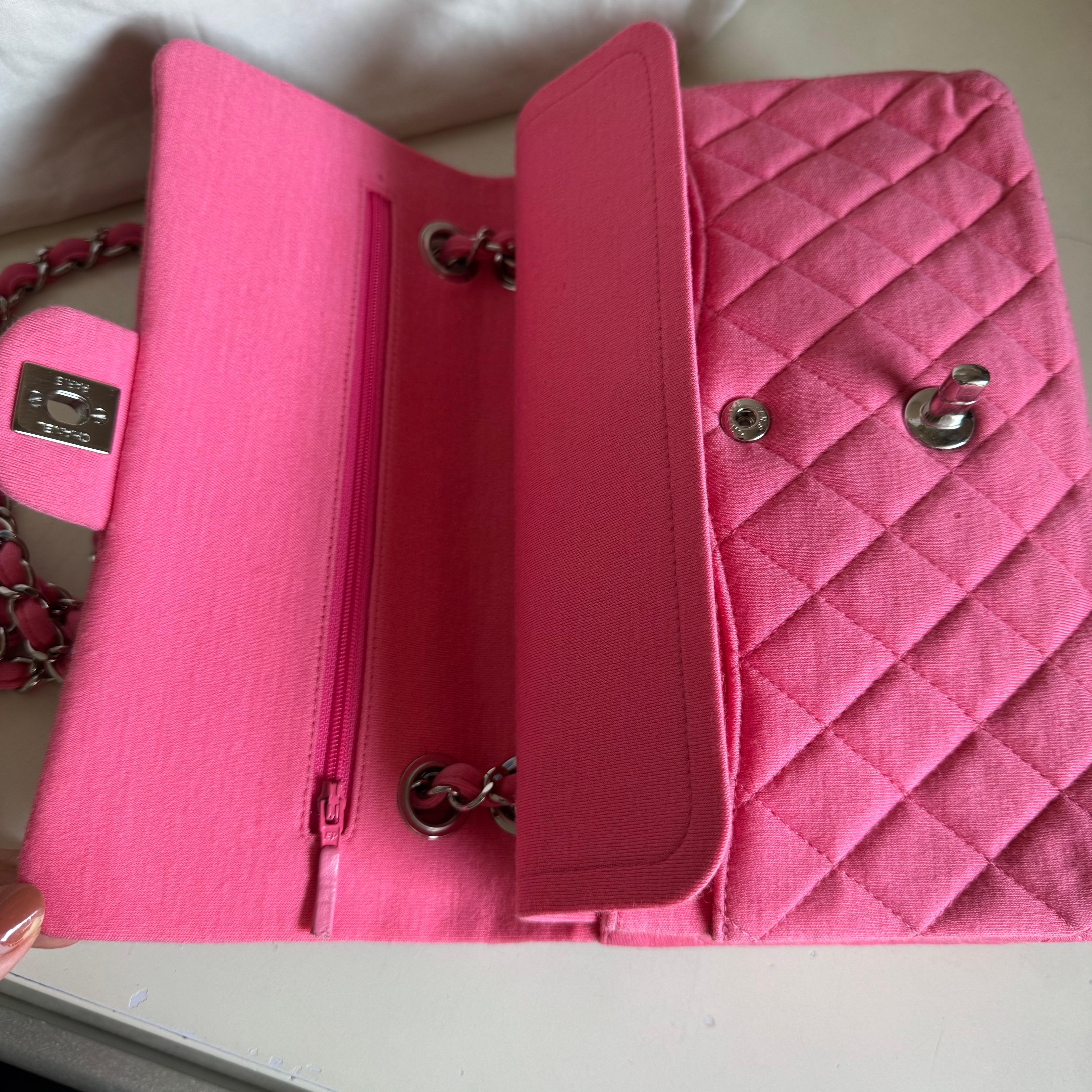 Chanel Classic Flap Medium Double Flap Pink Jersey Silver Hardware 2014 en vente 2