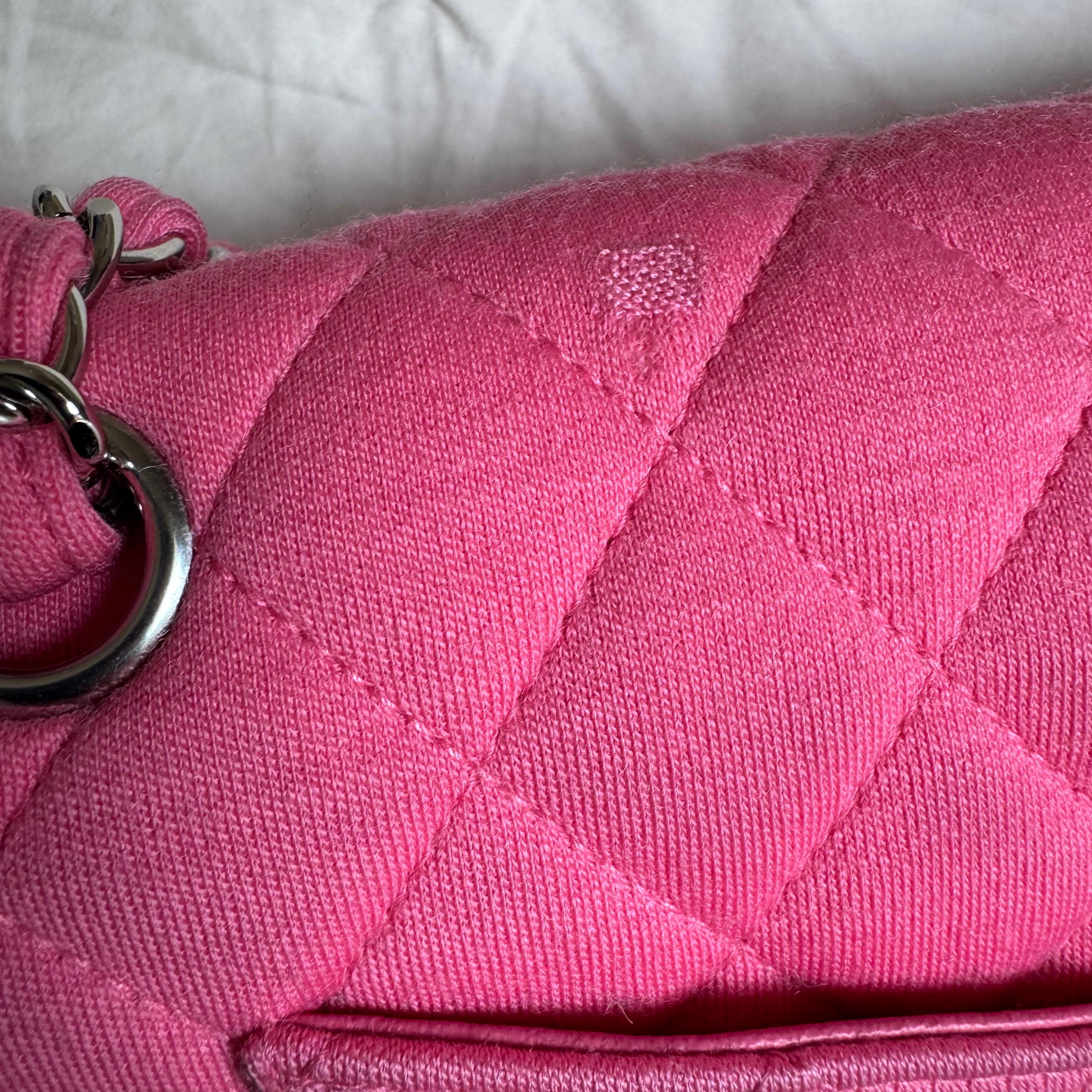 Chanel Classic Flap Medium Double Flap Pink Jersey Silver Hardware 2014 en vente 3