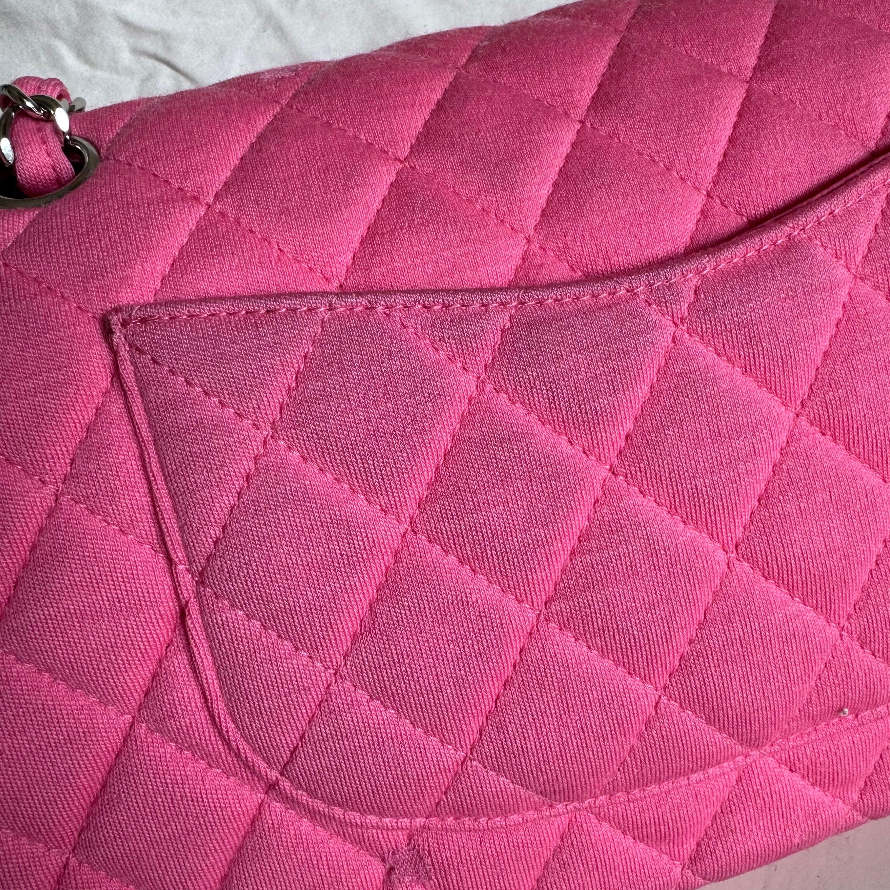 Chanel Classic Flap Medium Double Flap Pink Jersey Silver Hardware 2014 en vente 5