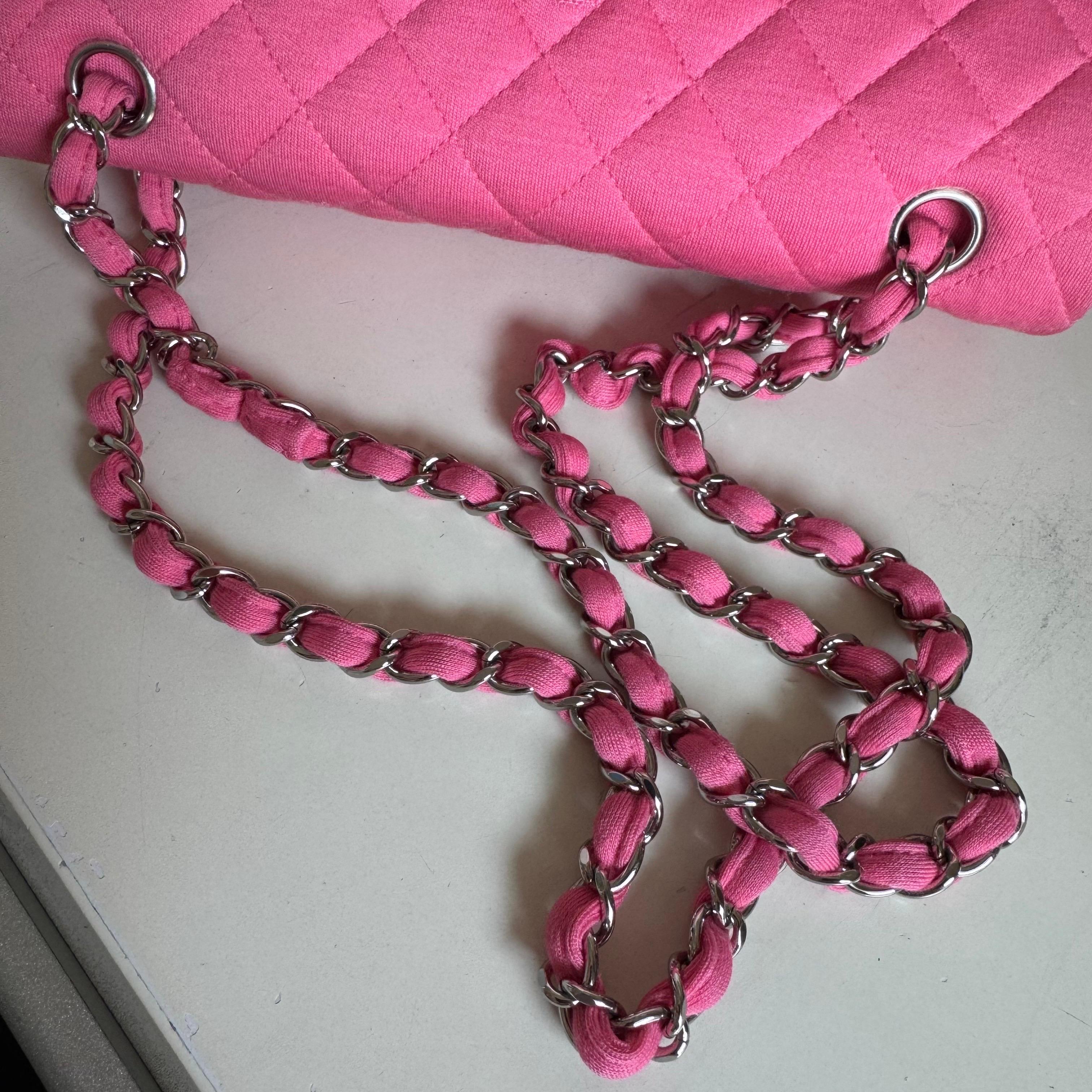 Chanel Classic Flap Medium Double Flap Pink Jersey Silver Hardware 2014 en vente 9