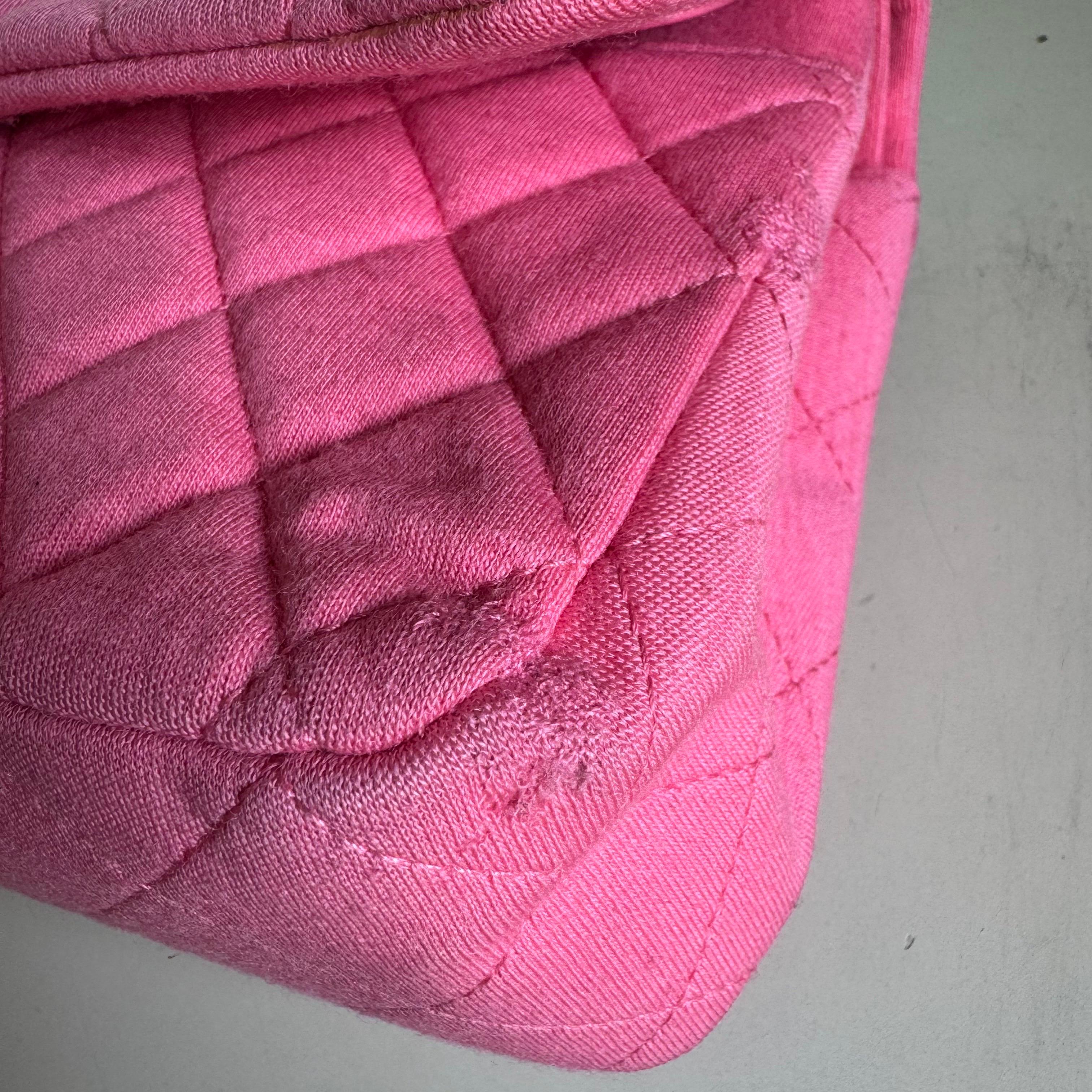 Chanel Classic Flap Medium Double Flap Pink Jersey Silver Hardware 2014 en vente 10