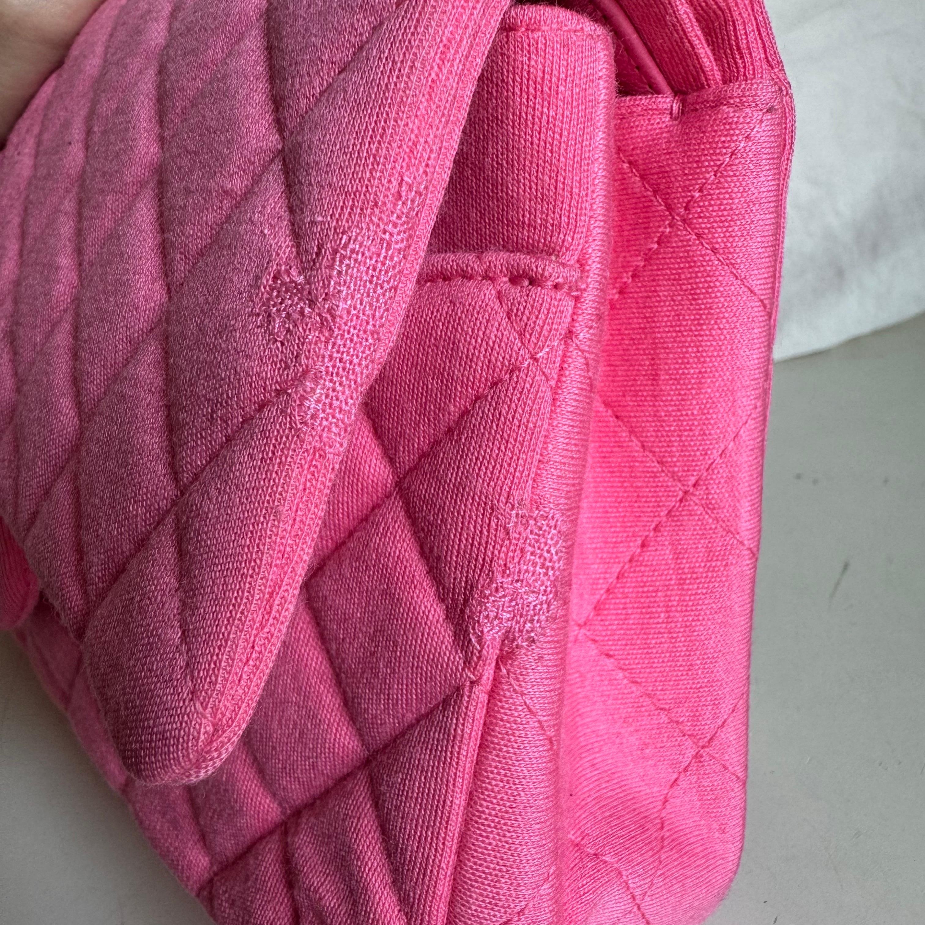 Chanel Classic Flap Medium Double Flap Pink Jersey Silver Hardware 2014 en vente 13