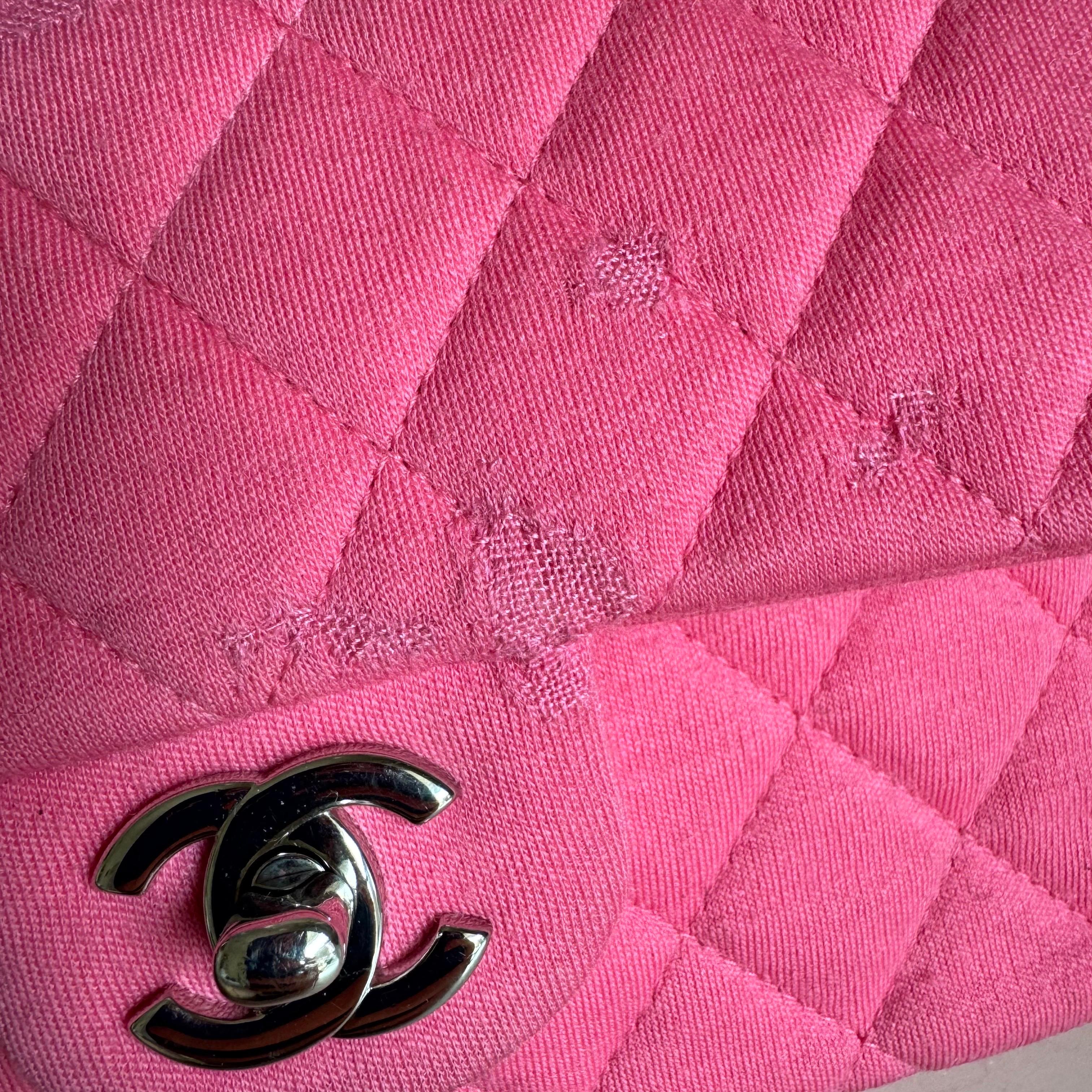 Chanel Classic Flap Medium Double Flap Pink Jersey Silver Hardware 2014 en vente 15