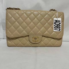 Chanel Classic Flap Jumbo Beige Caviar Leather Single Flap Silver Hardware
