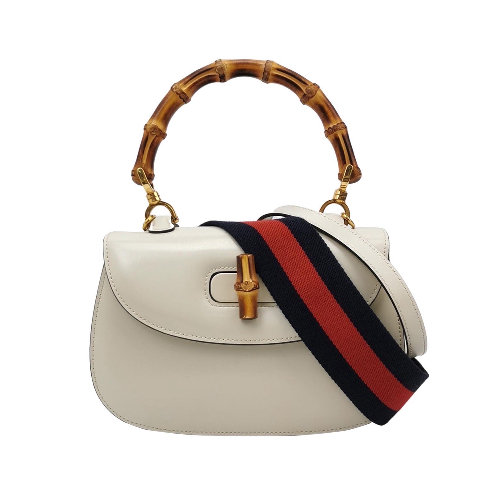 Gucci Bambú 1947 Bolso Asa Superior Caja Pequeña Blanco Piel Lienzo Correa