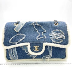 Chanel Blue Denim White Shearling Egyptian Hieroglyph Maxi Flap Bag Gold HW