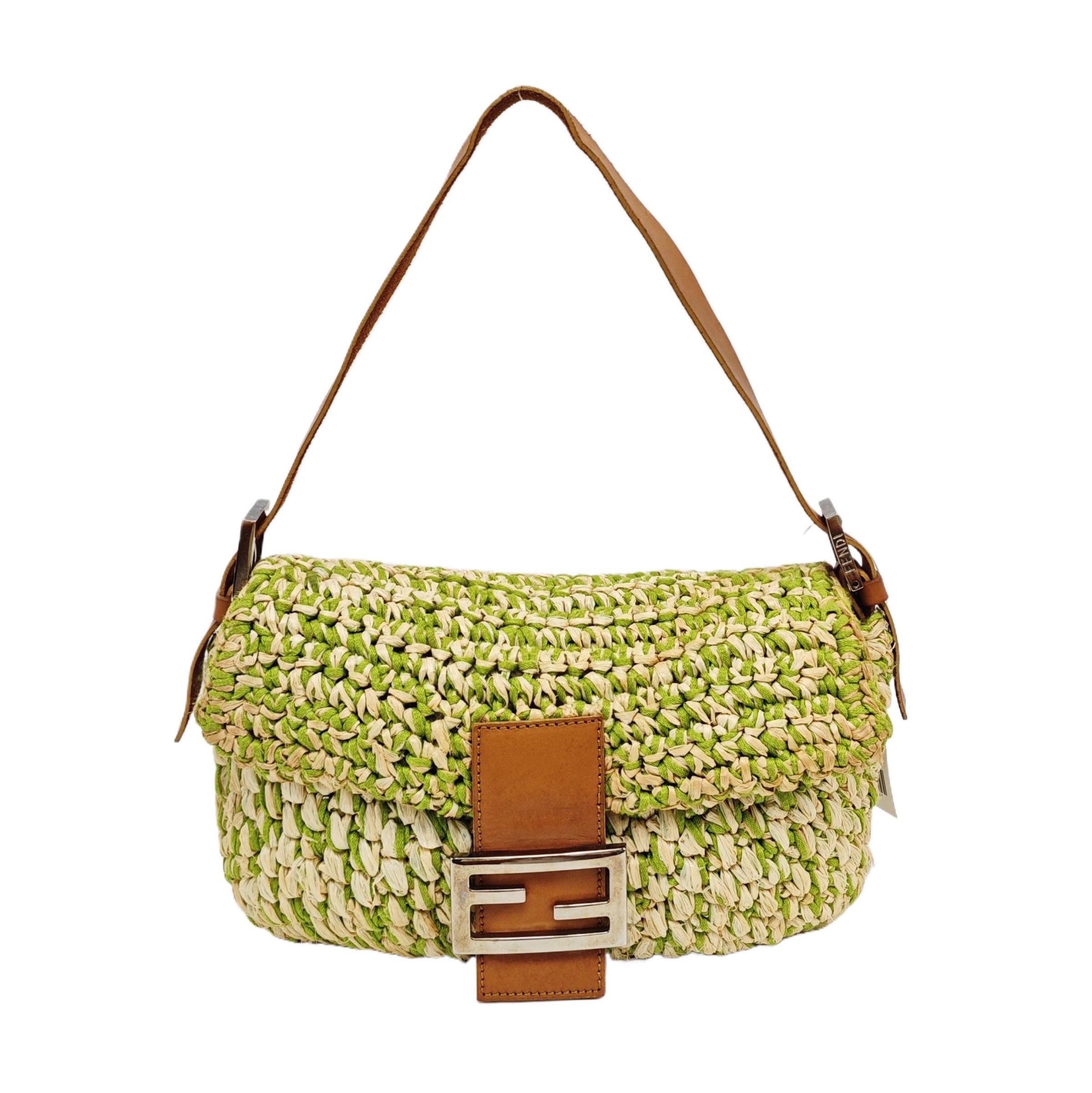 Fendi Baguette Raffia Straw Green Shoulder Bag