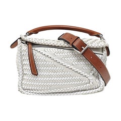 Loewe Puzzle Small Leather Woven Braided White Crossbody Bag