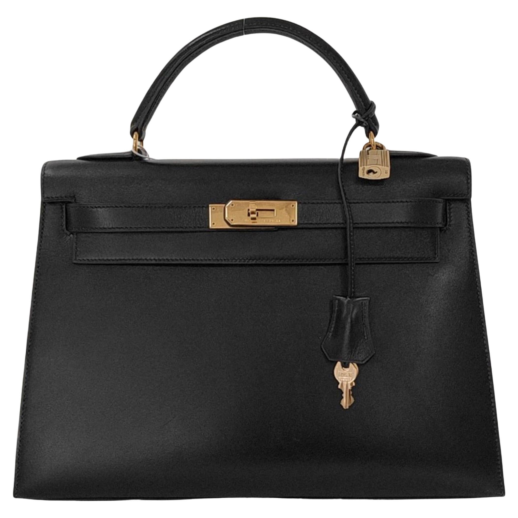 Hermes Kelly 32 Sellier Black Box Leather Gold HW 1993 For Sale