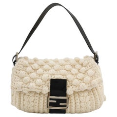 Fendi Baguette Bag White Crochet Knit Wool Pompom Shoulder Bag