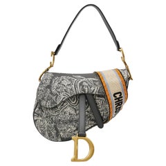 Used Christian Dior Saddle Medium Grey Canvas Animal Prints Tiger Snake Monkey