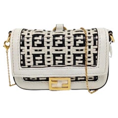 Fendi Nano Baguette Charm Black and White Woven Leather Gold Hardware
