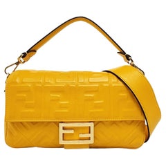 Fendi Baguette Yellow Lambskin Leather 3D FF Embossed Crossbody Bag Medium