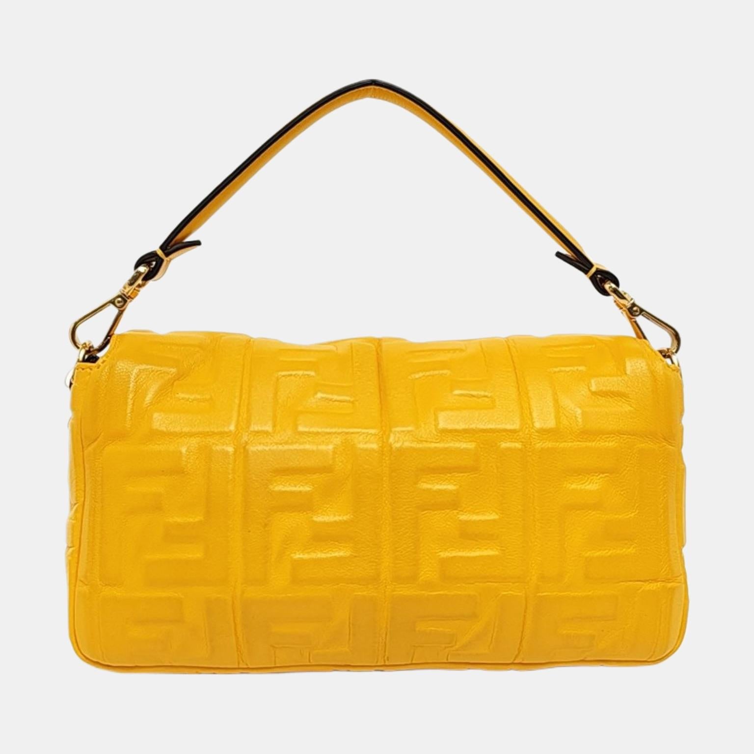 Fendi Baguette Gelbes Lammfell Leder 3D FF Geprägte Crossbody Tasche Medium im Angebot 1