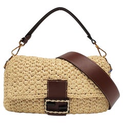 Fendi Baguette Medium Beige Raffia Brown Leather Crossbody Bag