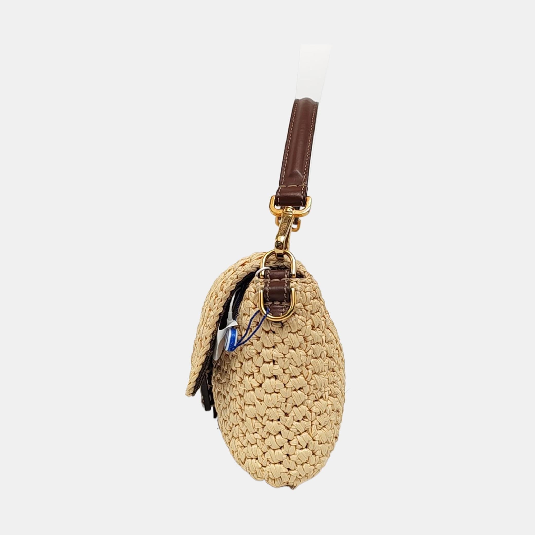 Fendi Baguette Medium Beige Raffia Brown Leather Crossbody Bag Excellent état - En vente à AUBERVILLIERS, FR