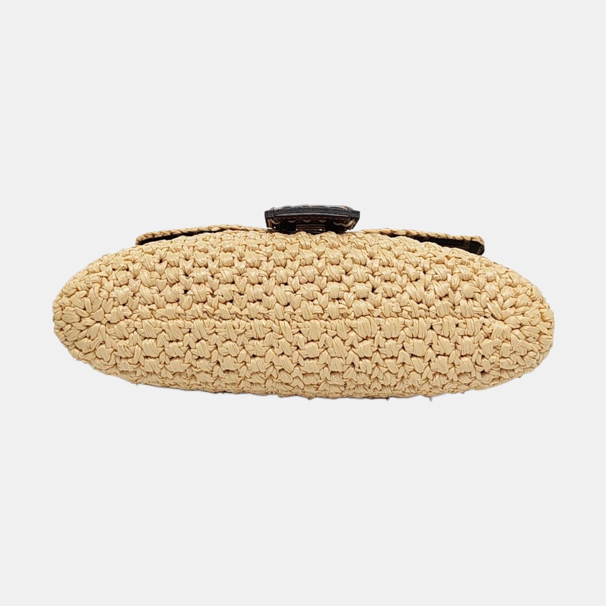 Fendi Baguette Medium Beige Raffia Brown Leather Crossbody Bag en vente 2
